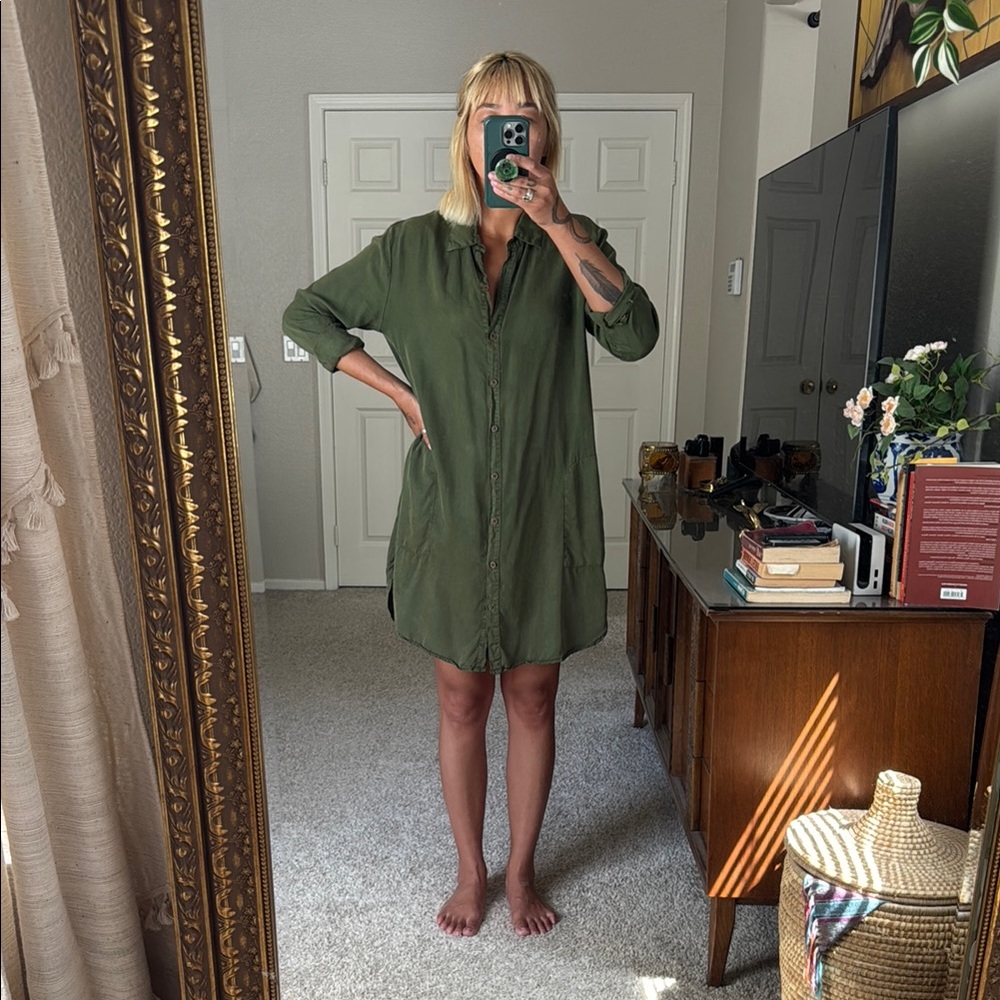 LACAUSA Olive Green Button-Up Shirt Dress, Small